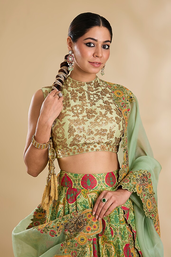 Pista Green Silk & Organza Floral Printed Wedding Lehenga Set by Debyani at Pernia's Pop Up Shop