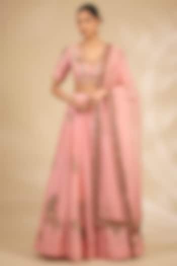 Pink Chanderi Hand & Machine Embroidered Wedding Lehenga Set by Debyani at Pernia's Pop Up Shop