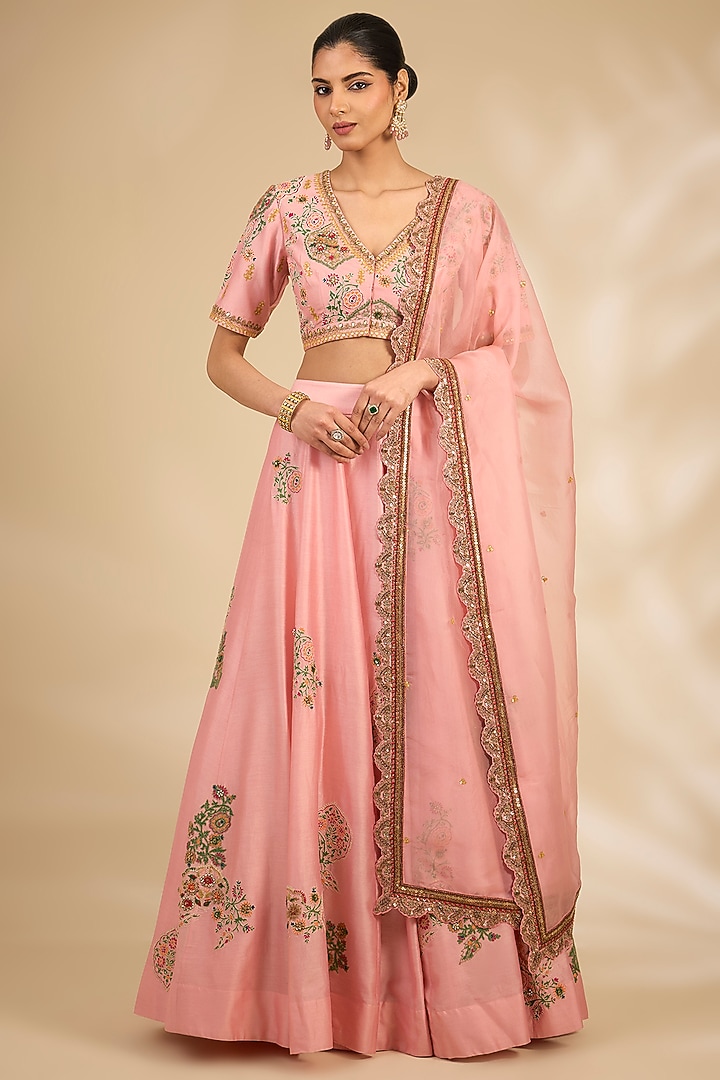 Pink Chanderi Hand & Machine Embroidered Wedding Lehenga Set by Debyani at Pernia's Pop Up Shop