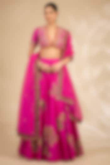Pink Chanderi Hand & Machine Embroidered Wedding Lehenga Set by Debyani at Pernia's Pop Up Shop