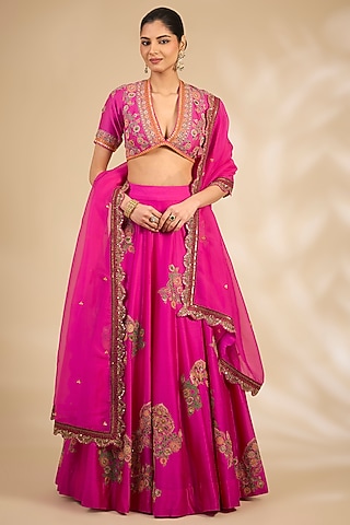 Pink Chanderi Hand & Machine Embroidered Lehenga Set by Debyani