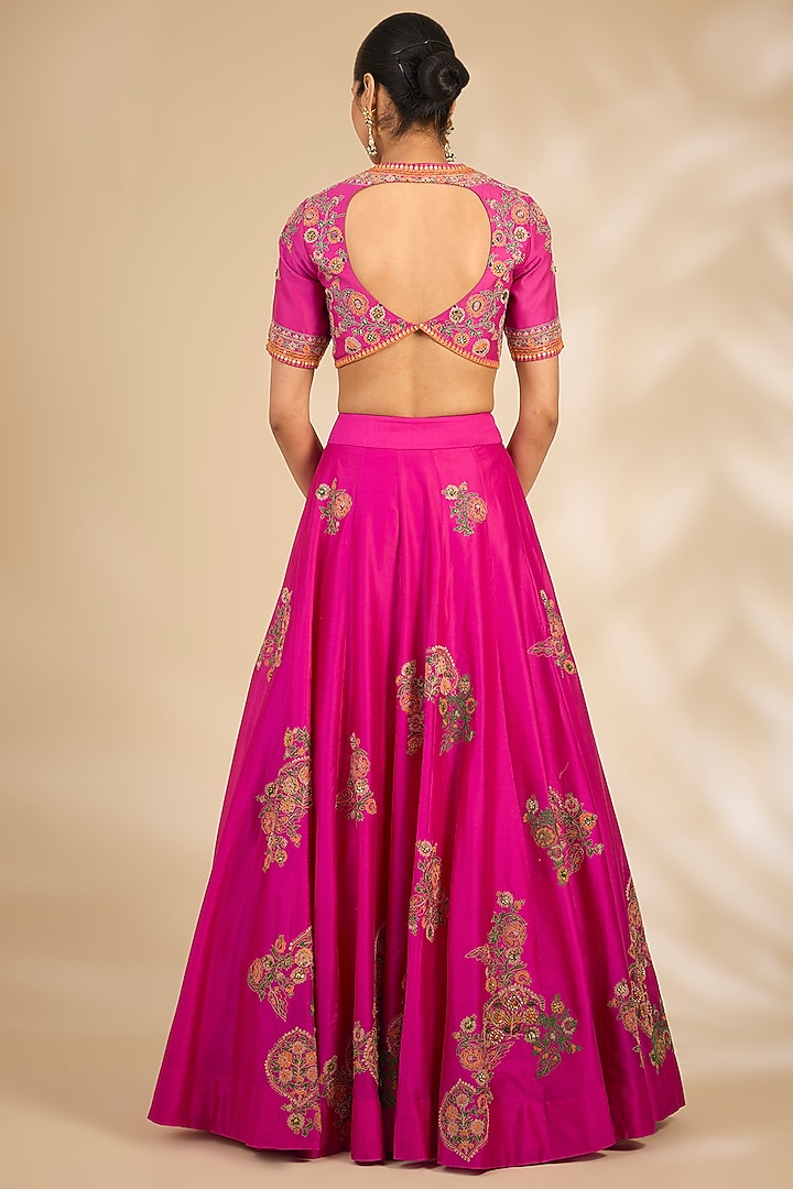 Pink Chanderi Hand & Machine Embroidered Wedding Lehenga Set by Debyani at Pernia's Pop Up Shop
