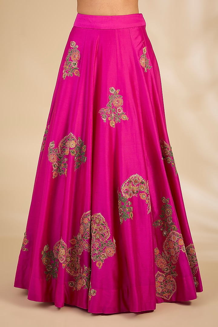 Pink Chanderi Hand & Machine Embroidered Wedding Lehenga Set by Debyani at Pernia's Pop Up Shop