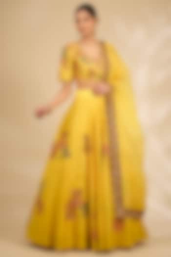 Yellow Chanderi Hand & Machine Embroidered Wedding Lehenga Set by Debyani at Pernia's Pop Up Shop
