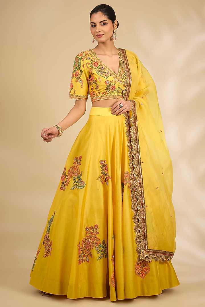 Yellow Chanderi Hand & Machine Embroidered Wedding Lehenga Set by Debyani at Pernia's Pop Up Shop