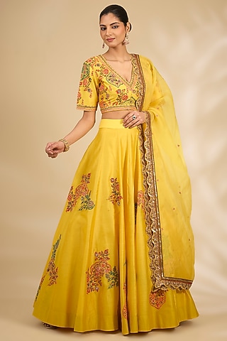 Yellow Chanderi Hand & Machine Embroidered Lehenga Set by Debyani