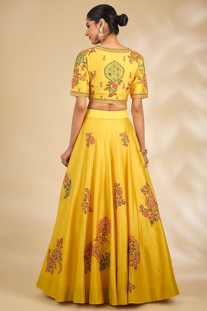 Yellow Chanderi Hand & Machine Embroidered Wedding Lehenga Set by Debyani at Pernia's Pop Up Shop