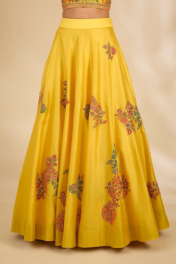 Yellow Chanderi Hand & Machine Embroidered Wedding Lehenga Set by Debyani at Pernia's Pop Up Shop