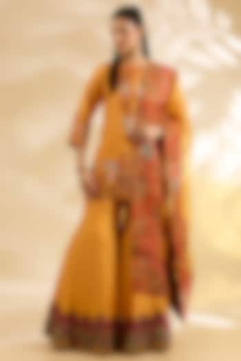 Mustard Yellow Silk Abstract Printed & Embroidered Bridal Sharara Set by Debyani at Pernia's Pop Up Shop