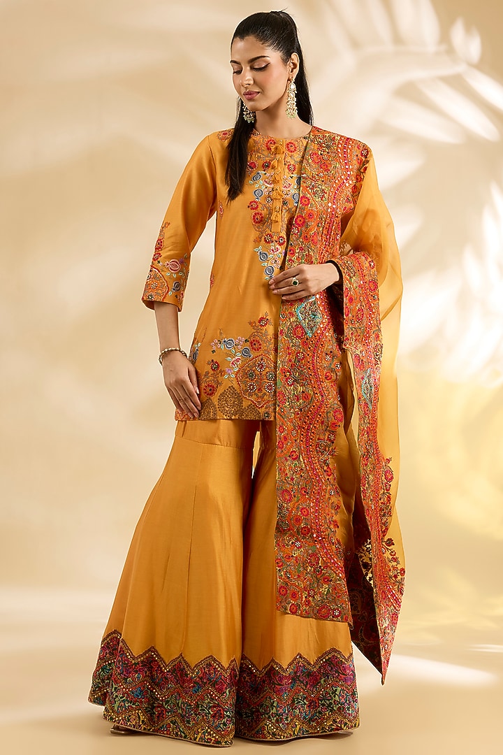Mustard Yellow Silk Abstract Printed & Embroidered Bridal Sharara Set by Debyani at Pernia's Pop Up Shop