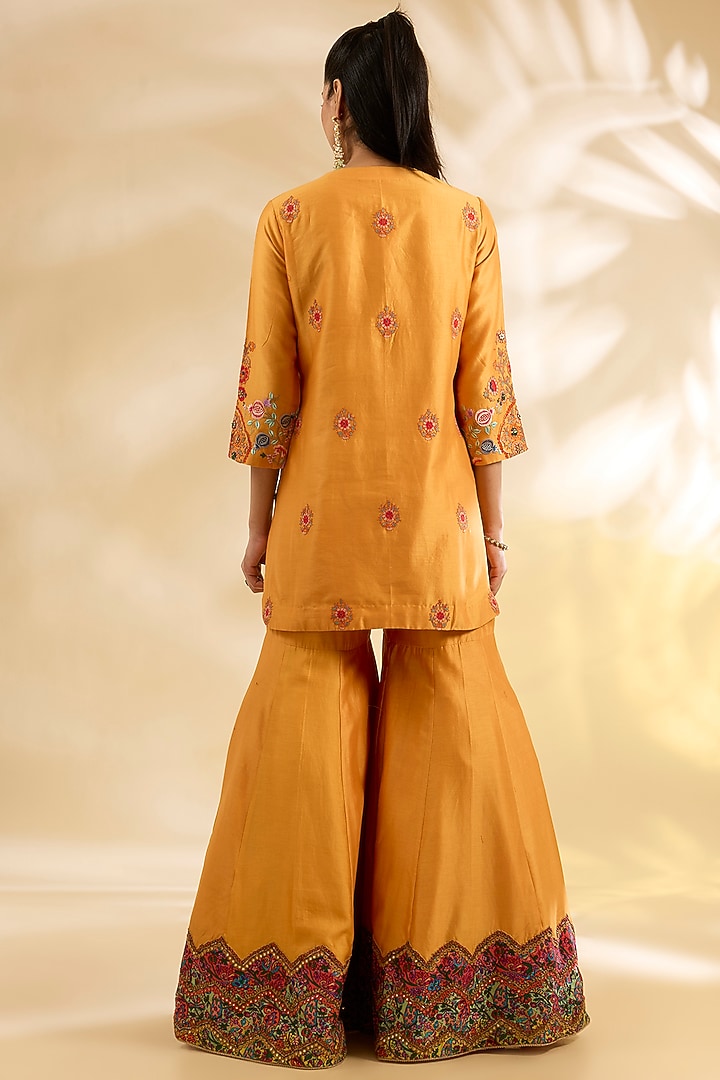 Mustard Yellow Silk Abstract Printed & Embroidered Bridal Sharara Set by Debyani at Pernia's Pop Up Shop