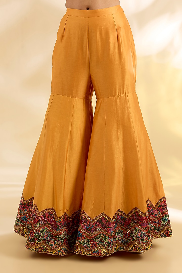 Mustard Yellow Silk Abstract Printed & Embroidered Bridal Sharara Set by Debyani at Pernia's Pop Up Shop