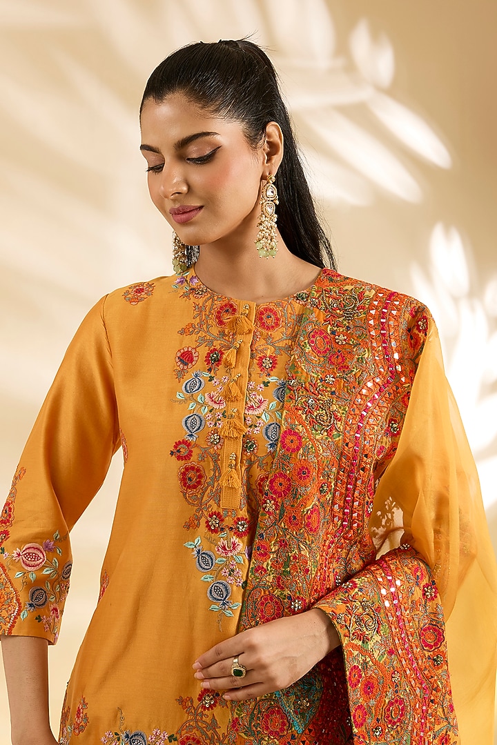 Mustard Yellow Silk Abstract Printed & Embroidered Bridal Sharara Set by Debyani at Pernia's Pop Up Shop