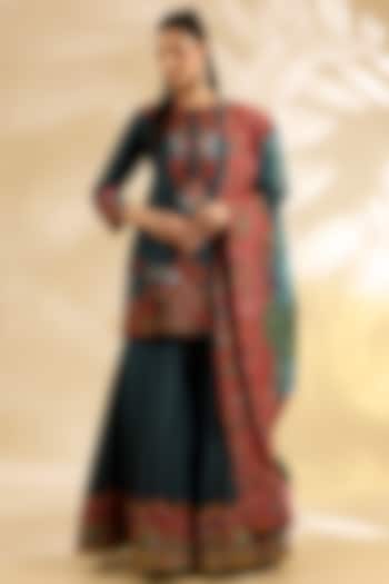 Navy Blue Silk Abstract Printed & Embroidered Bridal Sharara Set by Debyani at Pernia's Pop Up Shop