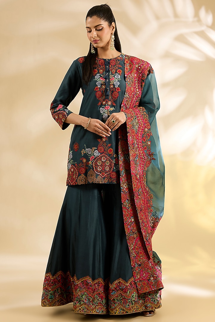 Navy Blue Silk Abstract Printed & Embroidered Bridal Sharara Set by Debyani at Pernia's Pop Up Shop