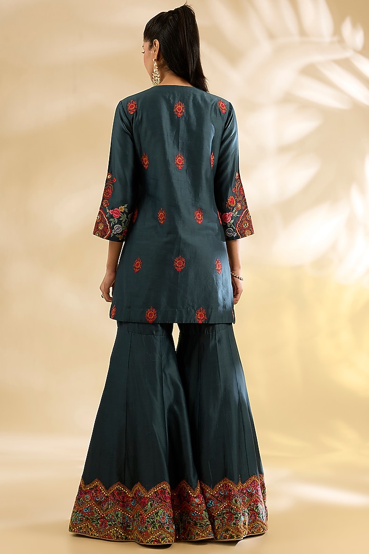 Navy Blue Silk Abstract Printed & Embroidered Bridal Sharara Set by Debyani at Pernia's Pop Up Shop