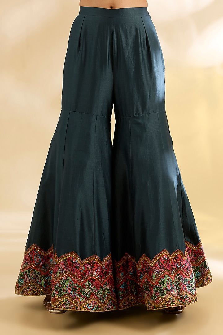Navy Blue Silk Abstract Printed & Embroidered Bridal Sharara Set by Debyani at Pernia's Pop Up Shop