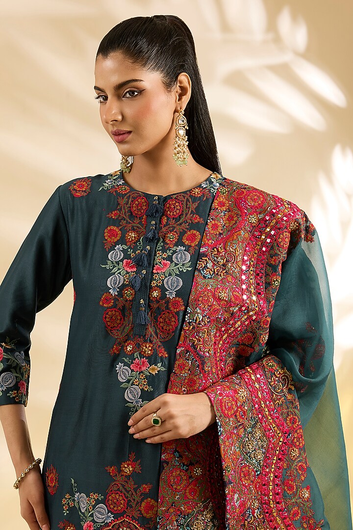 Navy Blue Silk Abstract Printed & Embroidered Bridal Sharara Set by Debyani at Pernia's Pop Up Shop