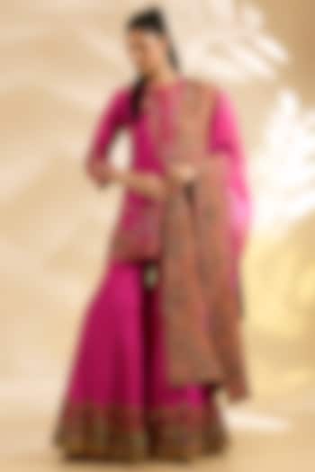 Magenta Pink Silk Abstract Printed & Embroidered Bridal Sharara Set by Debyani at Pernia's Pop Up Shop