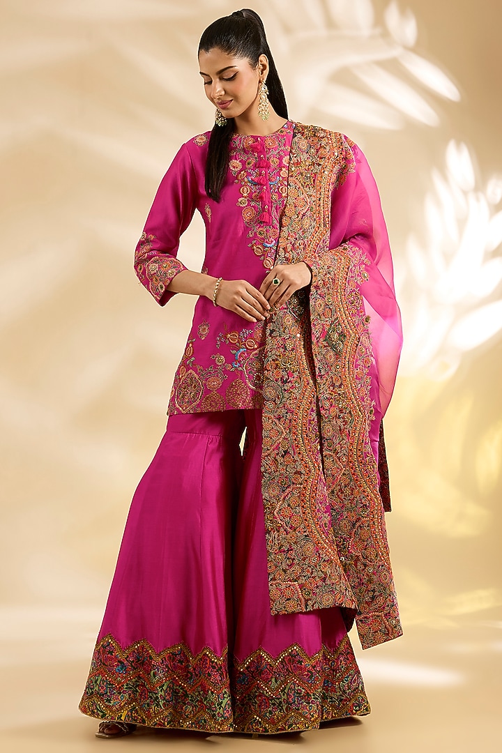 Magenta Pink Silk Abstract Printed & Embroidered Bridal Sharara Set by Debyani at Pernia's Pop Up Shop