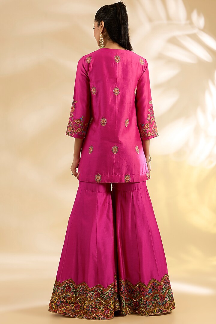 Magenta Pink Silk Abstract Printed & Embroidered Bridal Sharara Set by Debyani at Pernia's Pop Up Shop