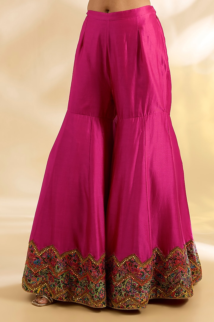 Magenta Pink Silk Abstract Printed & Embroidered Bridal Sharara Set by Debyani at Pernia's Pop Up Shop