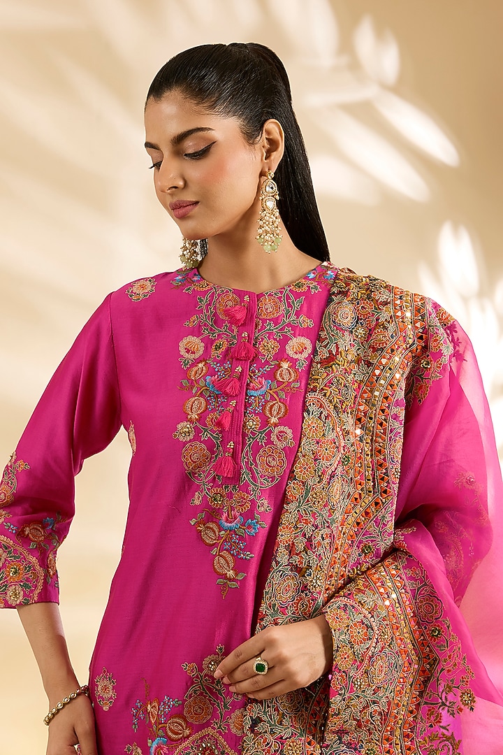 Magenta Pink Silk Abstract Printed & Embroidered Bridal Sharara Set by Debyani at Pernia's Pop Up Shop