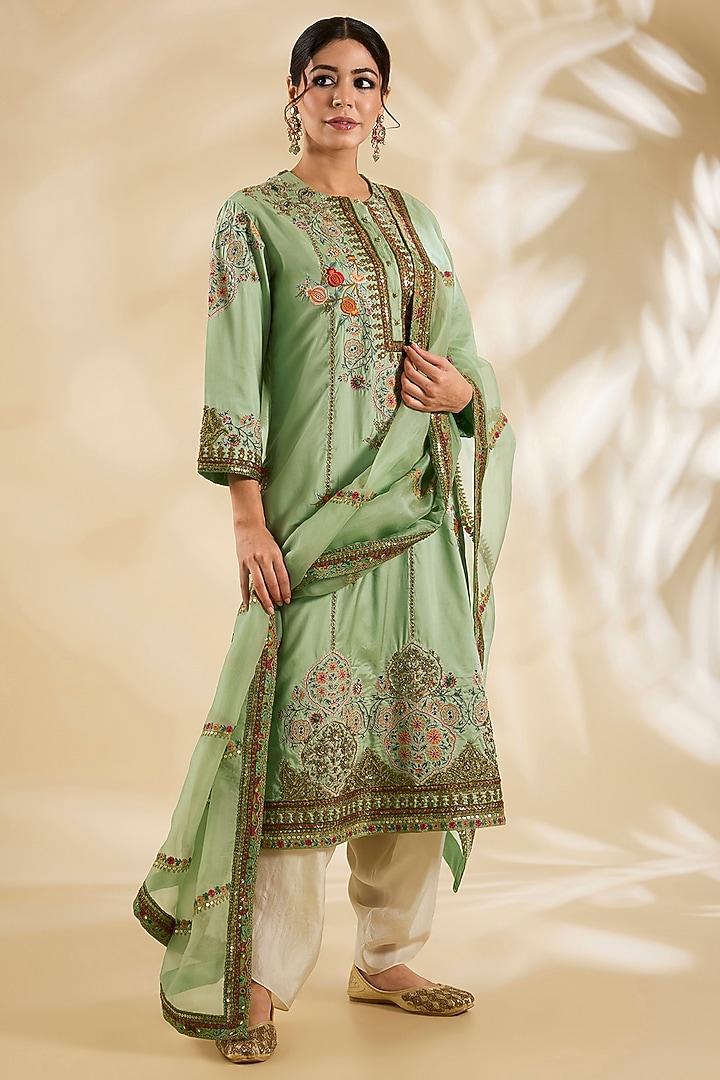 Pista Green Silk Hand & Machine Embroidered Kurta Set by Debyani at Pernia's Pop Up Shop
