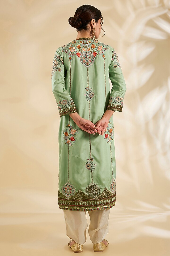 Pista Green Silk Hand & Machine Embroidered Kurta Set by Debyani at Pernia's Pop Up Shop