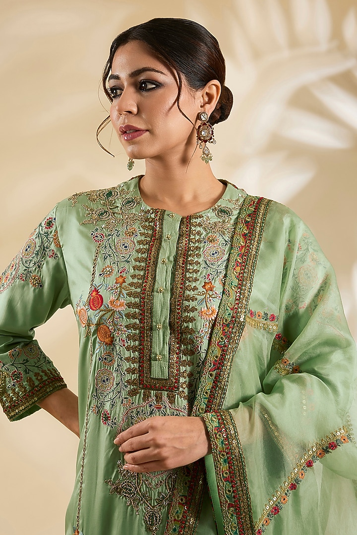 Pista Green Silk Hand & Machine Embroidered Kurta Set by Debyani at Pernia's Pop Up Shop