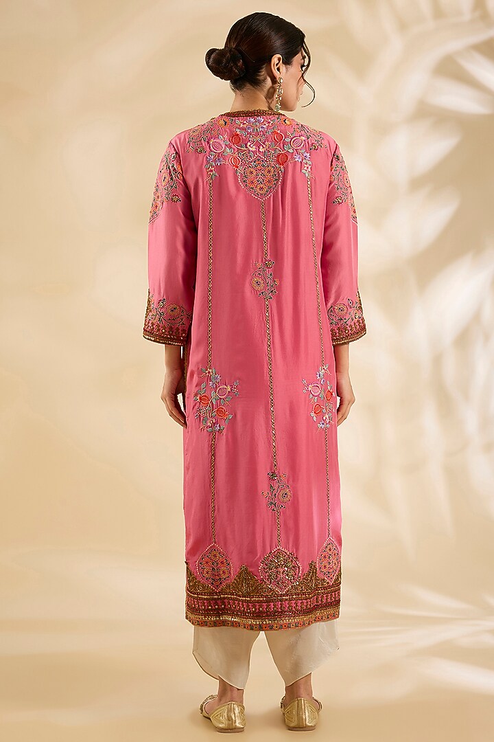 Candy Pink Silk Hand & Machine Embroidered Kurta Set by Debyani at Pernia's Pop Up Shop