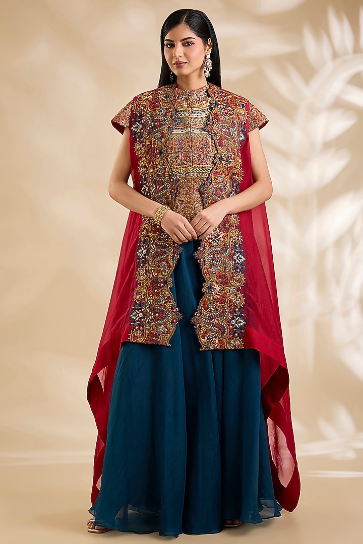 Red Organza Hand & Machine Embroidered Cape Set by Debyani at Pernia's Pop Up Shop