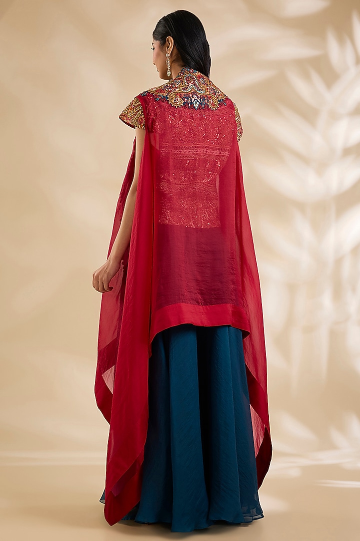 Red Organza Hand & Machine Embroidered Cape Set by Debyani at Pernia's Pop Up Shop