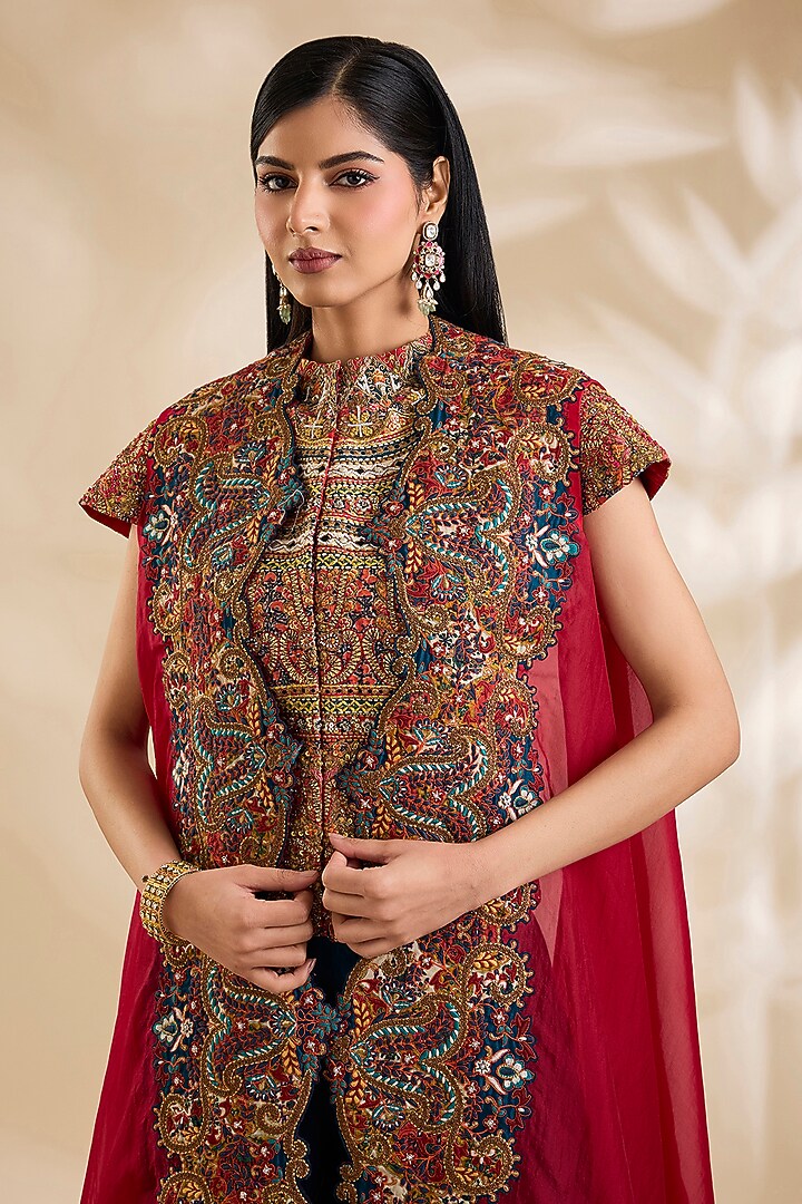 Red Organza Hand & Machine Embroidered Cape Set by Debyani at Pernia's Pop Up Shop