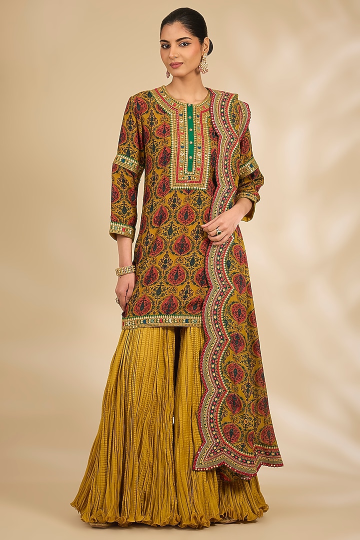 Yellow Chanderi Crushed Bridal Sharara Set by Debyani at Pernia's Pop Up Shop