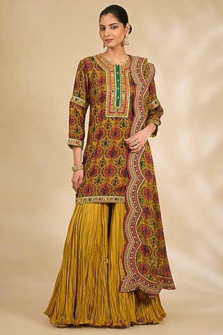 Yellow Chanderi Crushed Sharara Set by Debyani