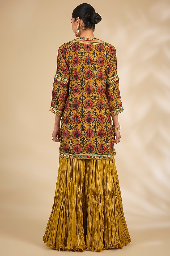 Yellow Chanderi Crushed Bridal Sharara Set by Debyani at Pernia's Pop Up Shop