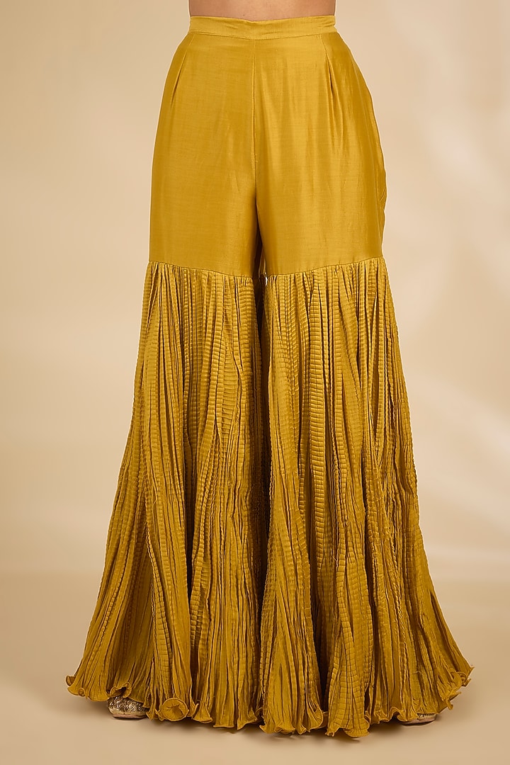 Yellow Chanderi Crushed Bridal Sharara Set by Debyani at Pernia's Pop Up Shop