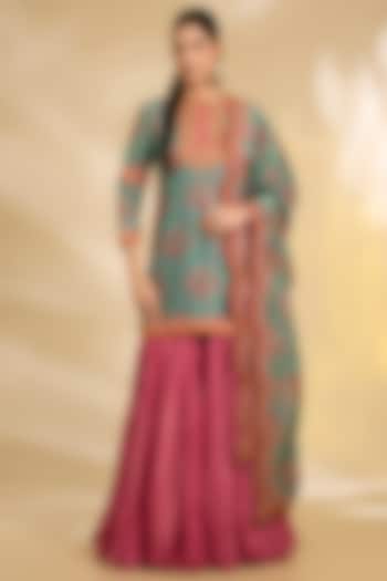 Pink Silk Chanderi Crushed Bridal Sharara Set by Debyani at Pernia's Pop Up Shop