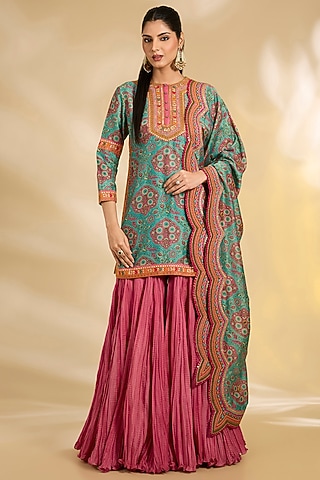 Pink Silk Chanderi Crushed Sharara Set by Debyani