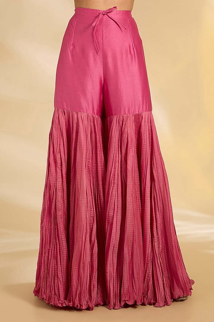 Pink Silk Chanderi Crushed Bridal Sharara Set by Debyani at Pernia's Pop Up Shop