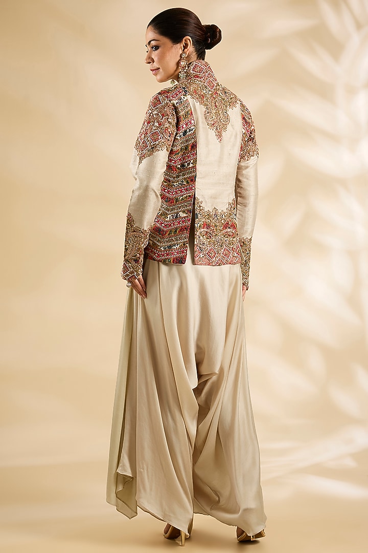 Ivory Raw Silk & Silk Embroidered Jacket Set by Debyani at Pernia's Pop Up Shop