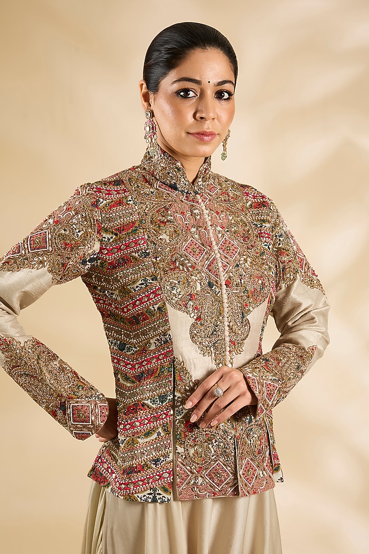 Ivory Raw Silk & Silk Embroidered Jacket Set by Debyani at Pernia's Pop Up Shop