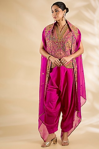 Pink Silk Embroidered & Printed Jacket Set by Debyani