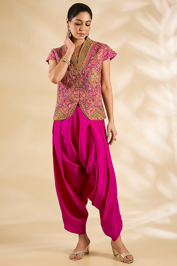 Pink Silk Embroidered & Printed Jacket Set by Debyani at Pernia's Pop Up Shop