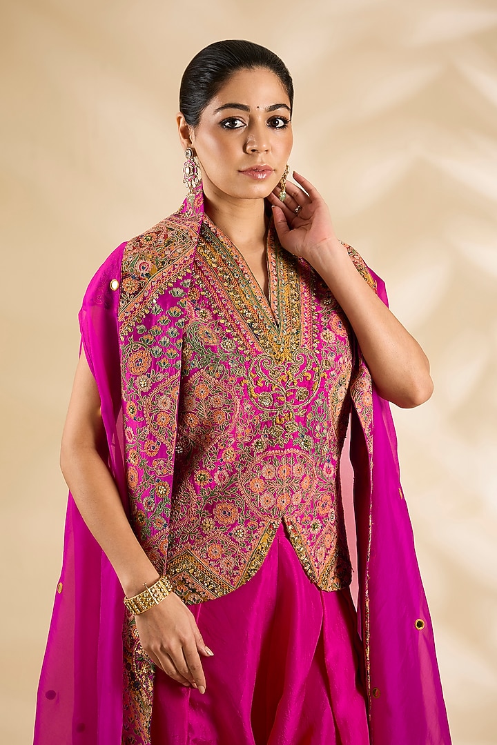 Pink Silk Embroidered & Printed Jacket Set by Debyani at Pernia's Pop Up Shop