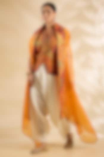 Orange Silk Embroidered & Printed Jacket Set by Debyani at Pernia's Pop Up Shop