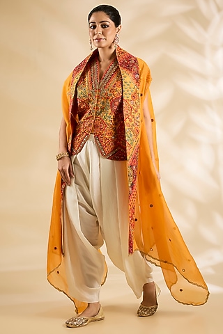Orange Silk Embroidered & Printed Jacket Set by Debyani