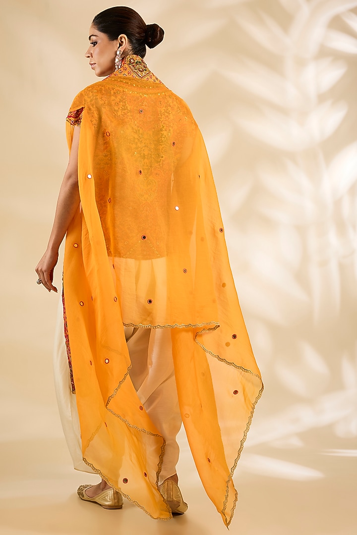 Orange Silk Embroidered & Printed Jacket Set by Debyani at Pernia's Pop Up Shop