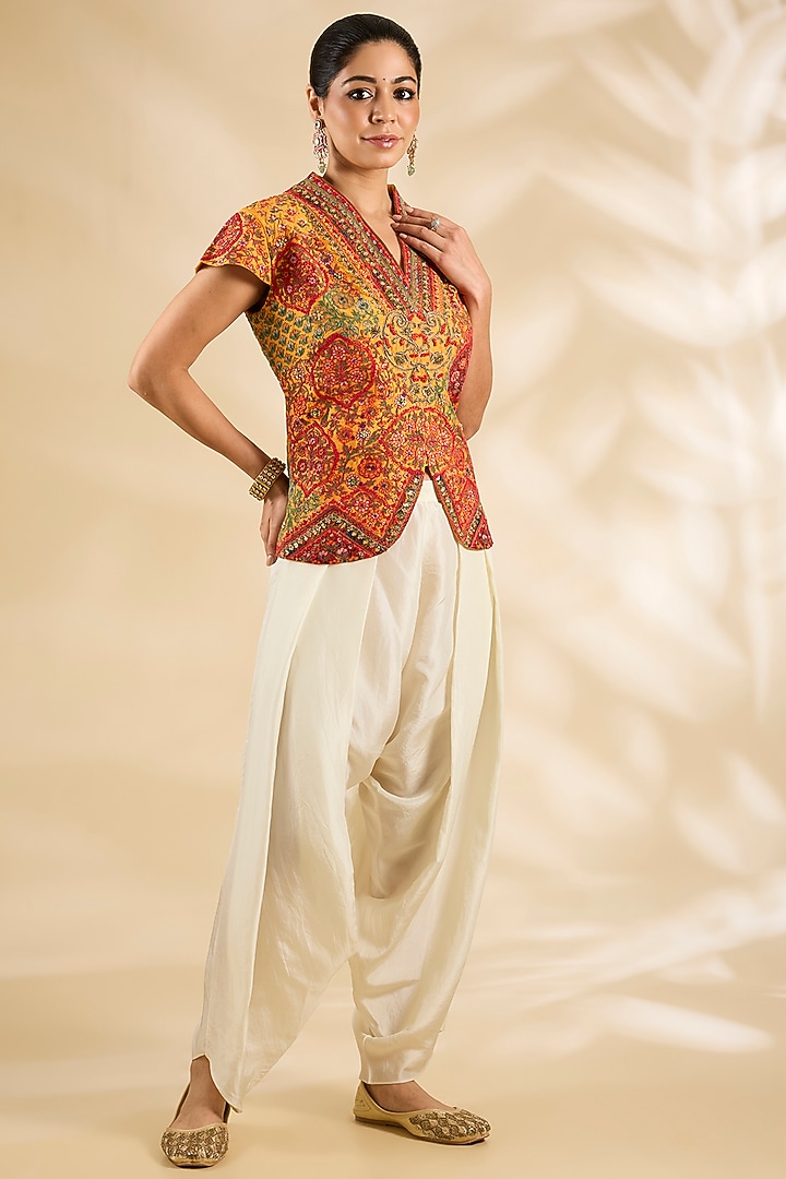 Orange Silk Embroidered & Printed Jacket Set by Debyani at Pernia's Pop Up Shop
